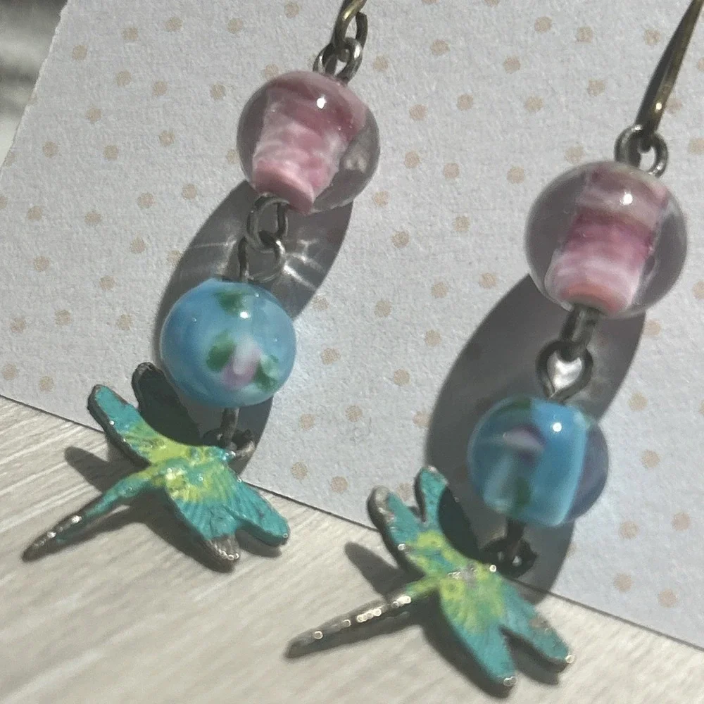 Dragonfly Artisan Enamel And‎ Glass Beads Earrings Dangle Pink Blue Green